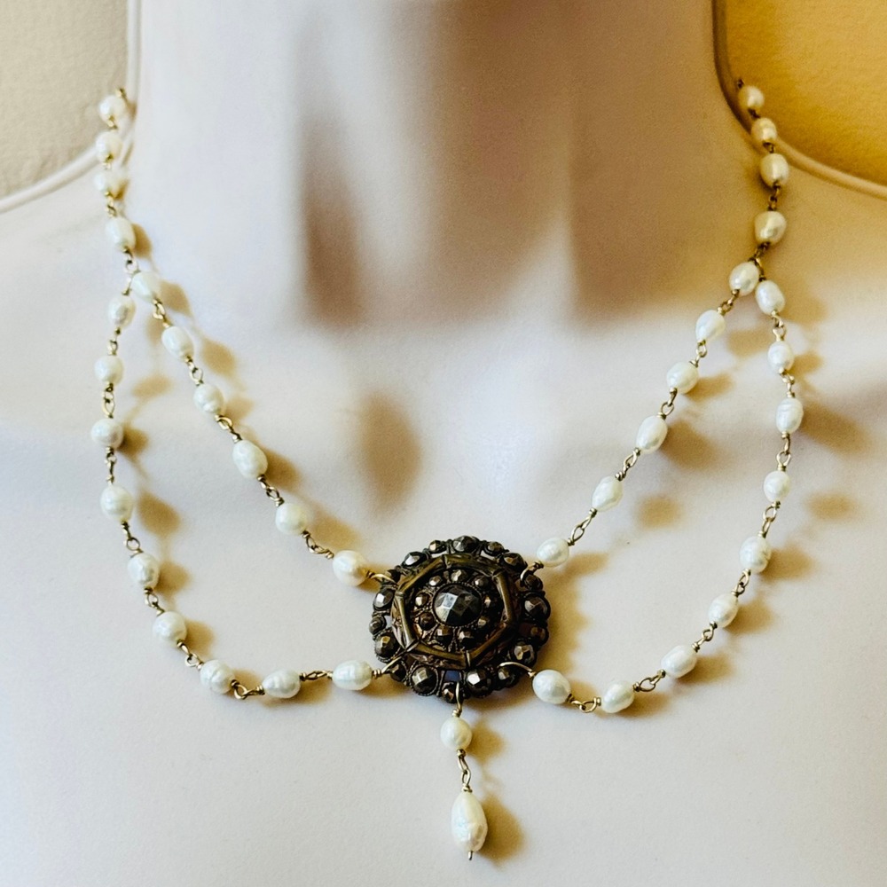 VTG Freshwater Baroque Pearl Necklace Genuine Victorian Flapper Style Gold‎ 80s